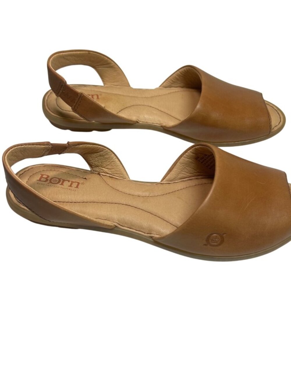Born Womens Leather Peep Toe Slingback Sandals 8M Tan Flats Comfort Shoes - Picture 3 of 10